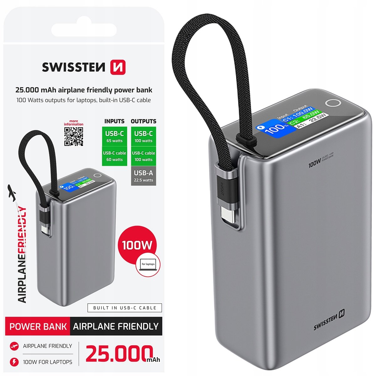 Powerbank do tabletu laptopa smartfona SWISSTEN 25000mAh kabel USB-C PD