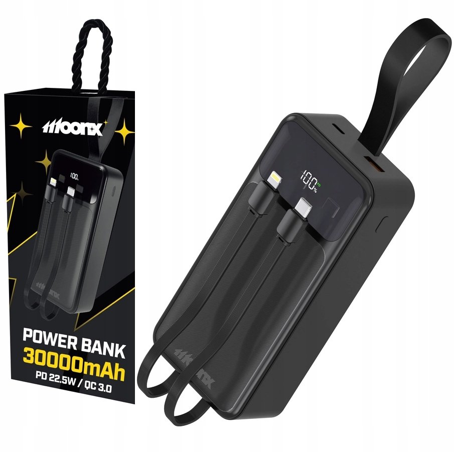 MOONX POWERBANK 30000 MAH 22.5W QC3.0 WBUDOWANE KABLE USB-C LIGHTNING USB