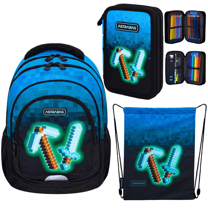 Zestaw wyprawka szkolna plecak piórnik worek Minecraft Blue Pixel ASTRA