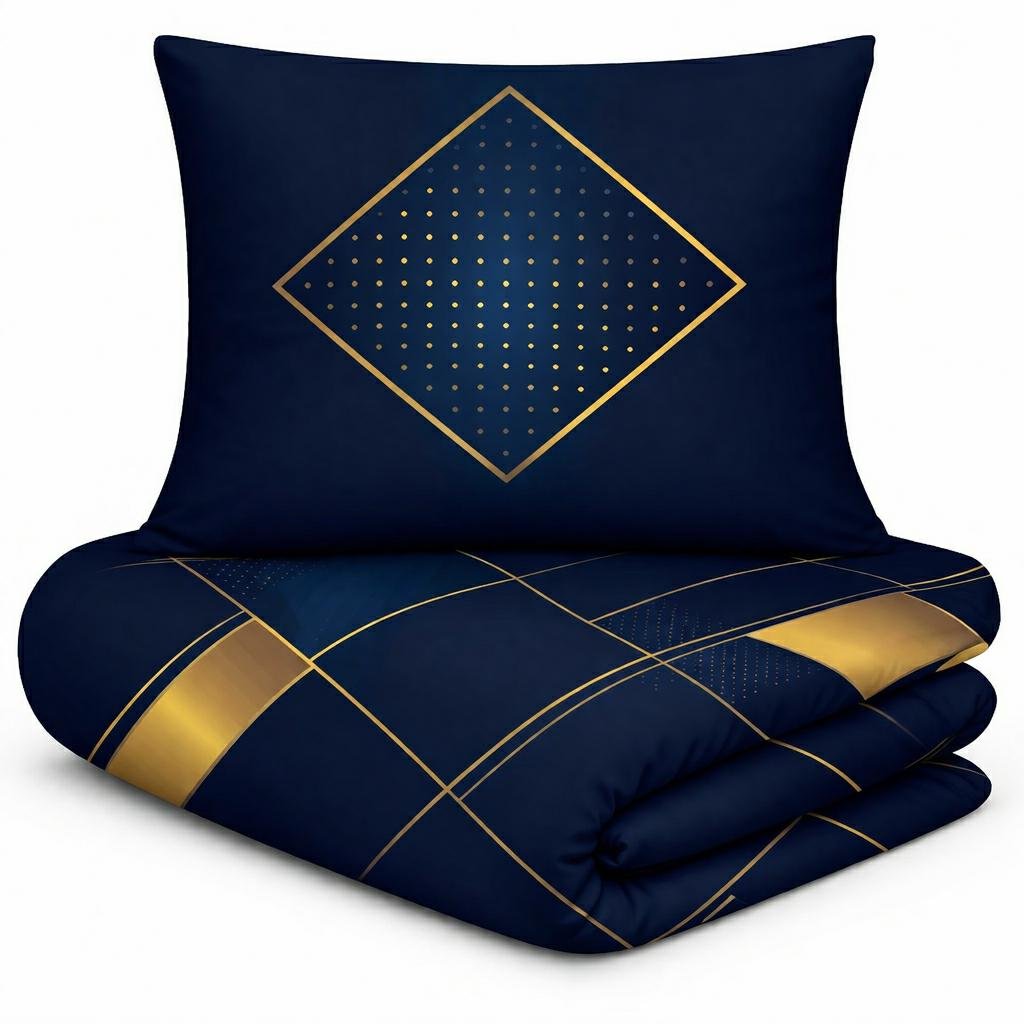 Pościel satynowa 220x200 granatowa złota geometria Prestige