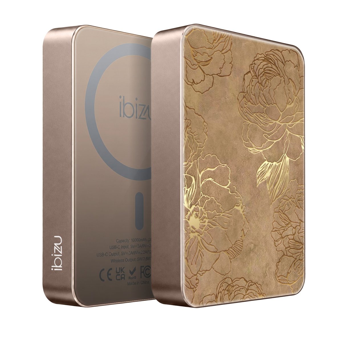Powerbank IBIZU MagPower 10 000 mAh, tytan pustynny, magnetyczny, aluminiowy, Złote piwonie