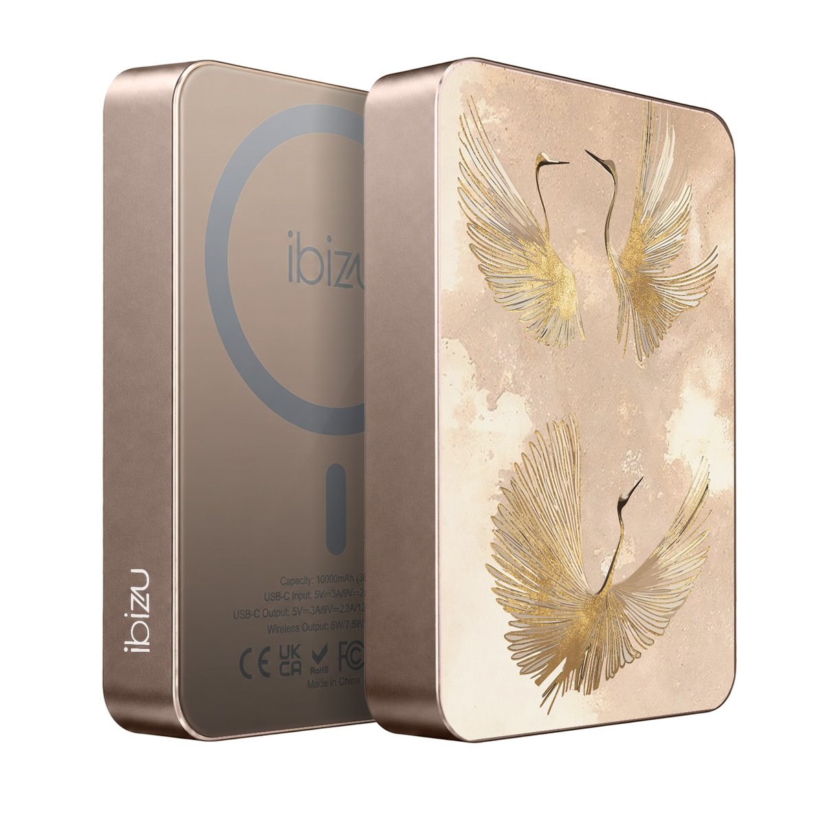 Powerbank IBIZU MagPower 10 000 mAh, tytan pustynny, magnetyczny, aluminiowy, Złote żurawie