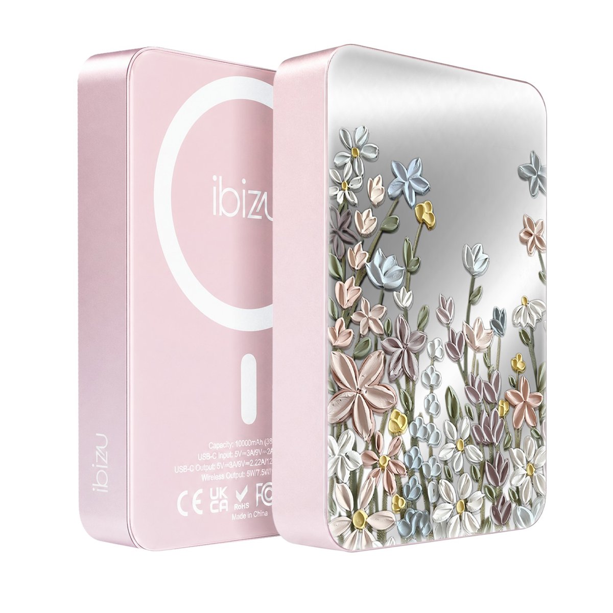 Powerbank IBIZU MagPower 10 000 mAh, pudrowy róż, magnetyczny, aluminiowy, Wiosenna łąka