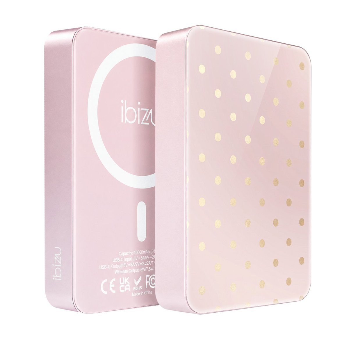 Powerbank IBIZU MagPower 10 000 mAh, pudrowy róż, magnetyczny, aluminiowy, Złote groszki