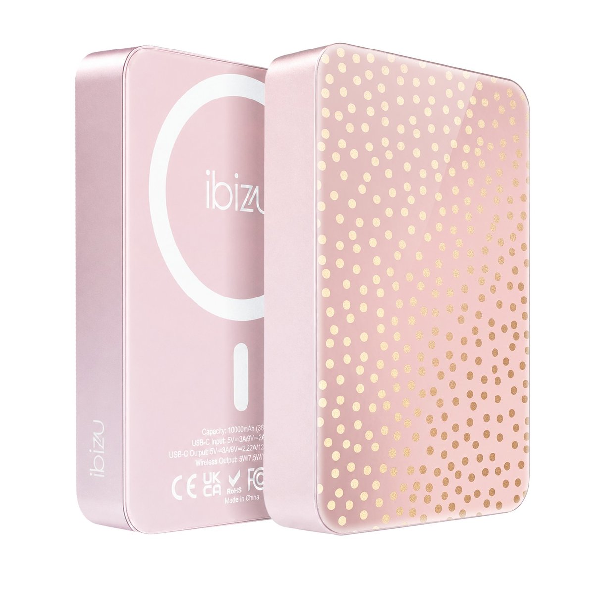 Powerbank IBIZU MagPower 10 000 mAh, pudrowy róż, magnetyczny, aluminiowy, Złote konfetti