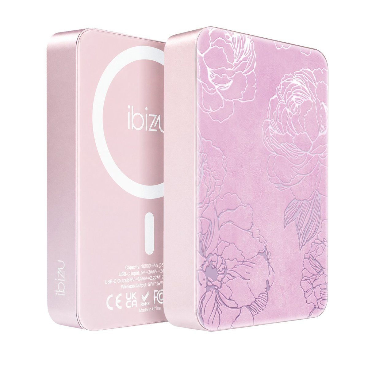 Powerbank IBIZU MagPower 10 000 mAh, pudrowy róż, magnetyczny, aluminiowy, Różowe piwonie
