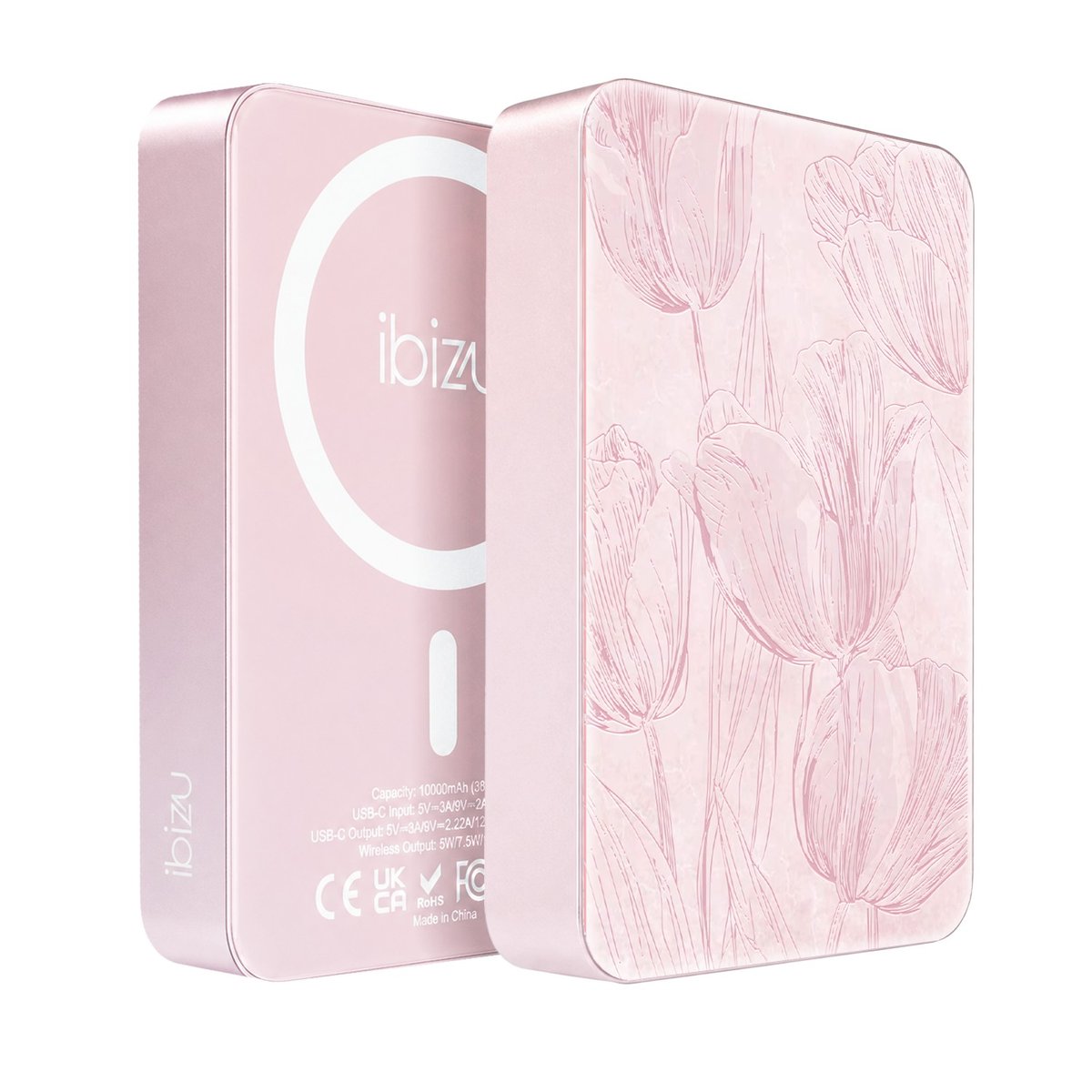 Powerbank IBIZU MagPower 10 000 mAh, pudrowy róż, magnetyczny, aluminiowy, Tulipanowy fresk