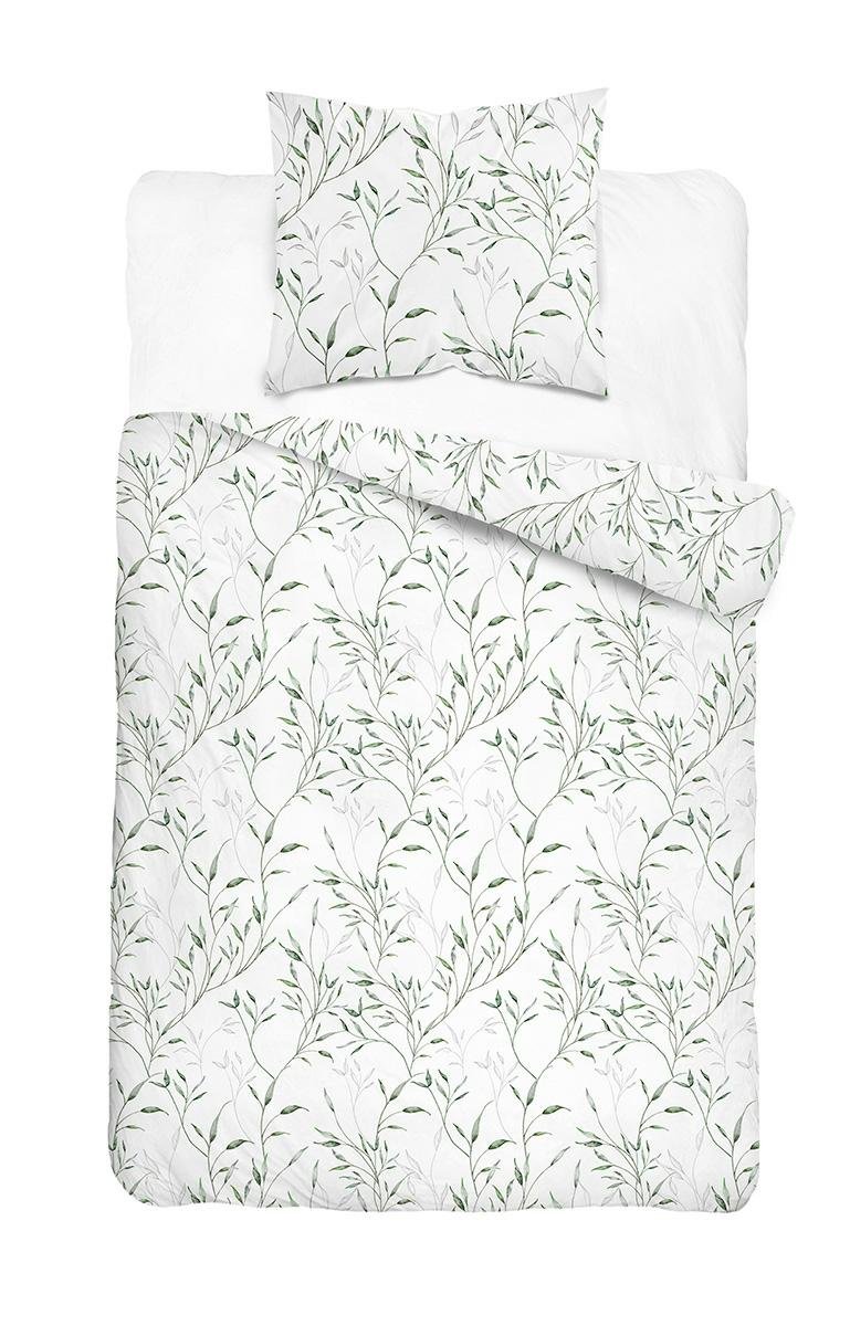 Pościel satynowa 140x200 biała w zielone liście - Home Satin