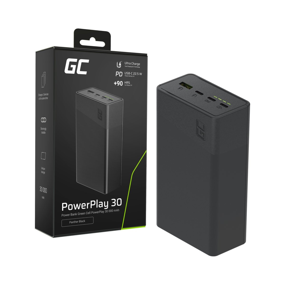 POWERBANK PowerPlay 30 PBGC30B 30000 ;mAh 22.5 ;W Green Cell / Green Cell