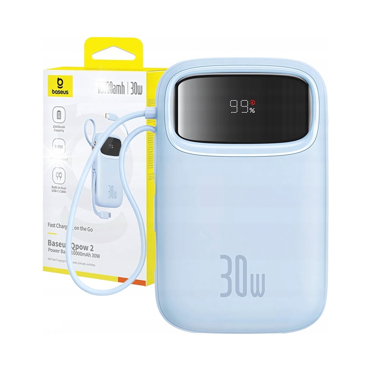 Powerbank Baseus QPow 2 30W 10000mAh z wbudowanymi kablami USB-C niebieski