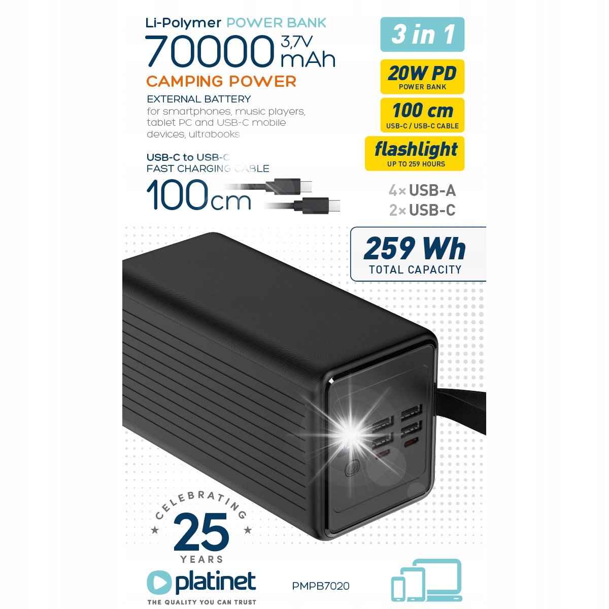 Power-bank DUŻY akumulator 70000mAh WYDAJNY 4xUSB 2xUSB-C PD3.0 QC3.0 20W