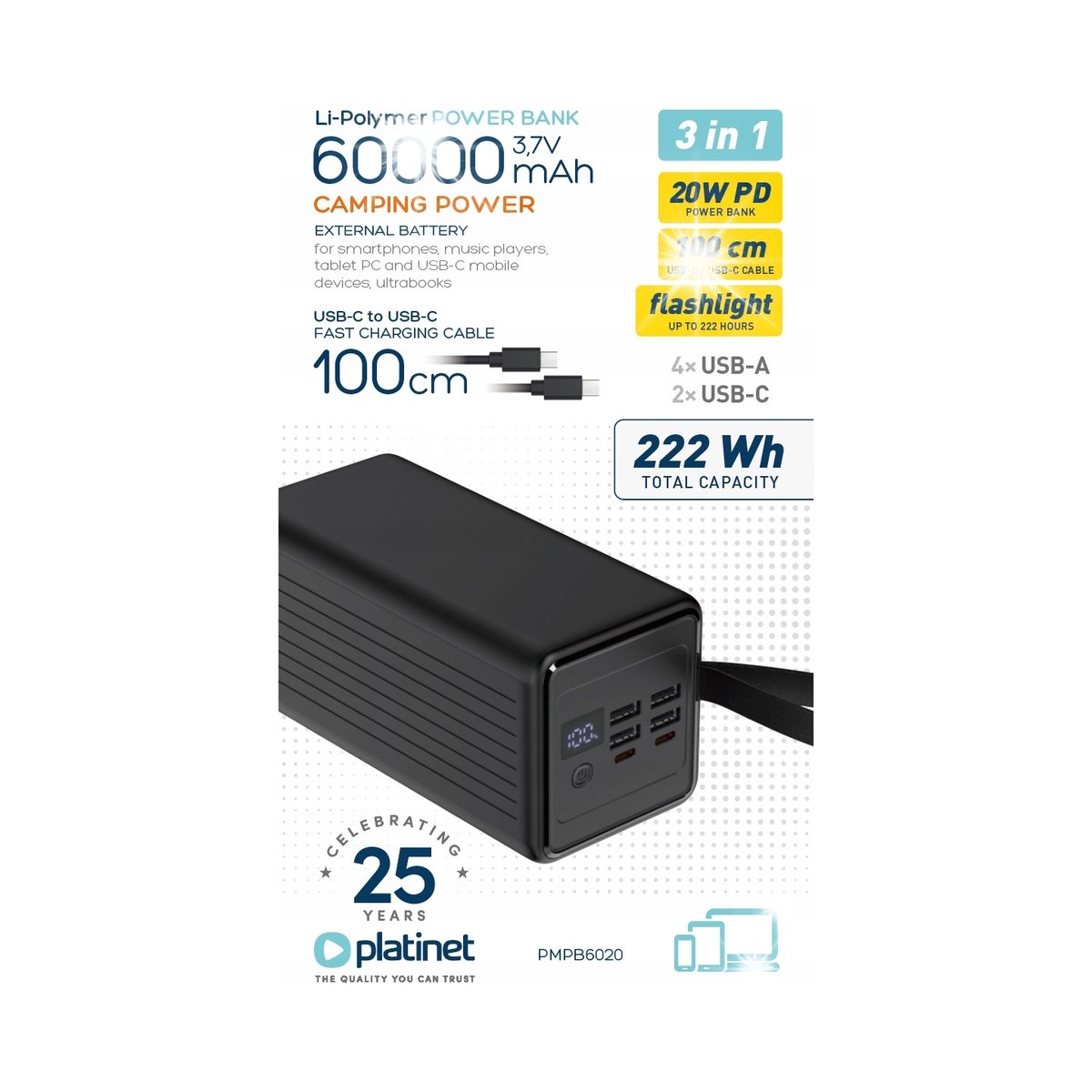 DUŻY WYDAJNY Power-bank 60000mAh akumulator 4xUSB 2xUSB-C PD 20W SCP 22.5W