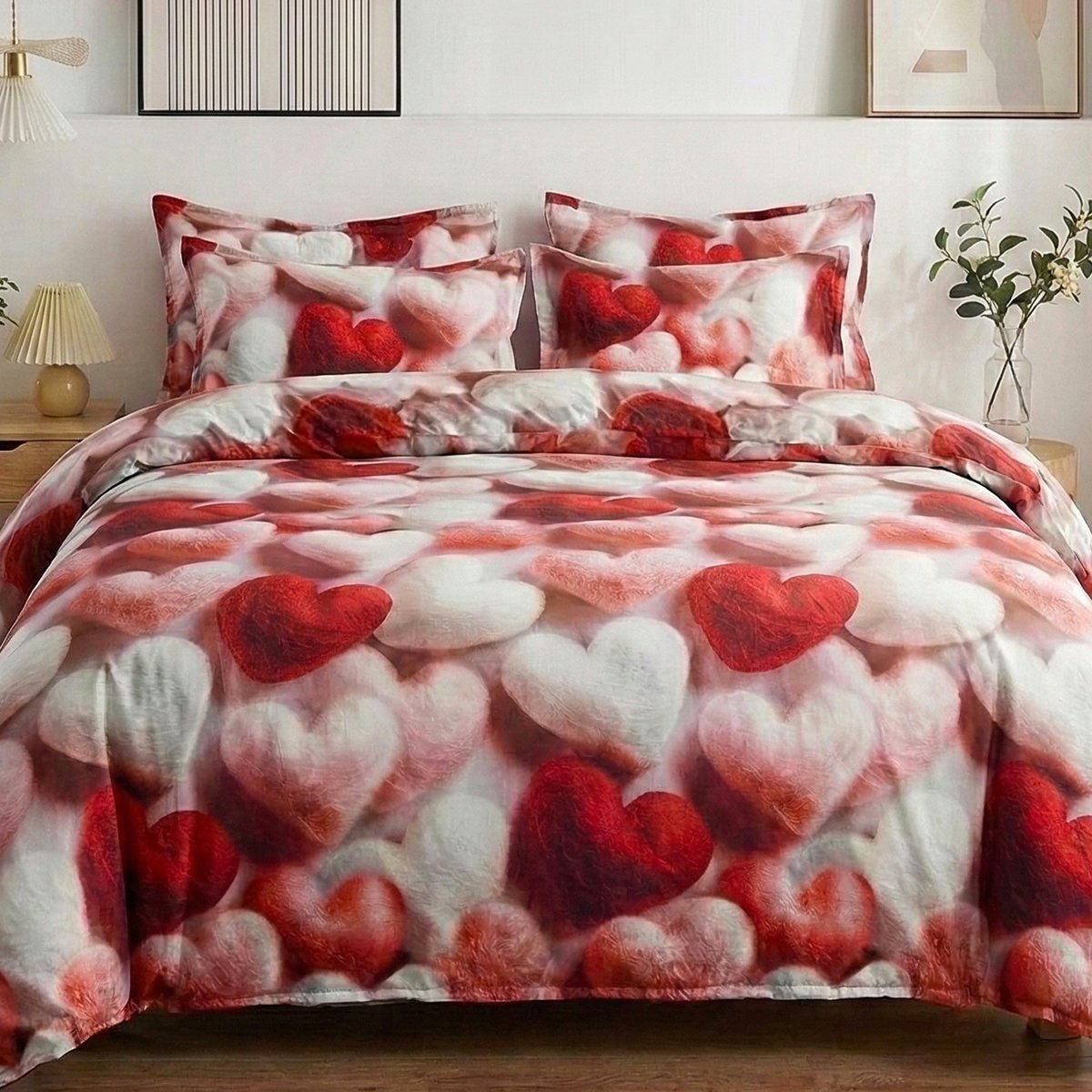 KOMPLET POŚCIELI 4-CZĘŚCIOWY 3D BAWEŁNA SATYNOWA 100% 200X220 CM SERDUSZKA