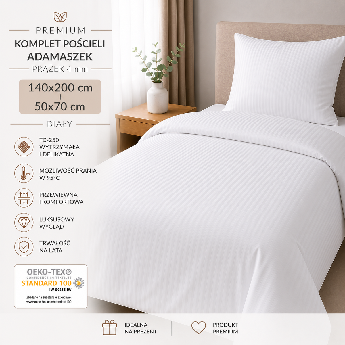 Komplet Pościeli 140x200 + 50x70 Adamaszek Prążek 4 mm Biały 95°C Premium