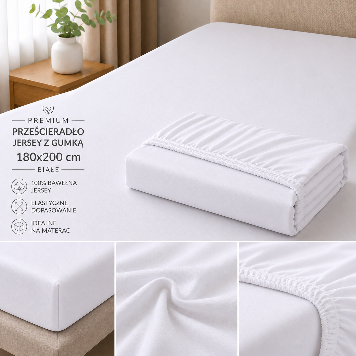 Prześcieradło Jersey Z Gumką 180x200 Białe Premium