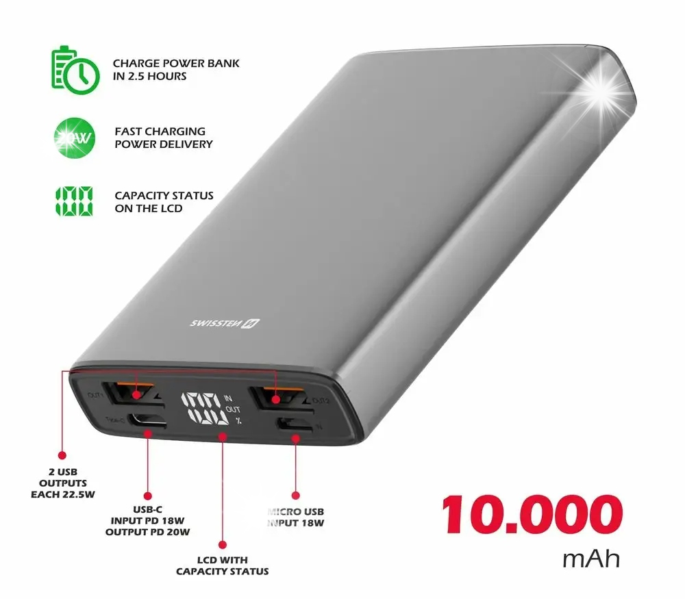 SWISSTEN POWERBANK 10000 mAh PD QC 2x USB 1x USB-C
