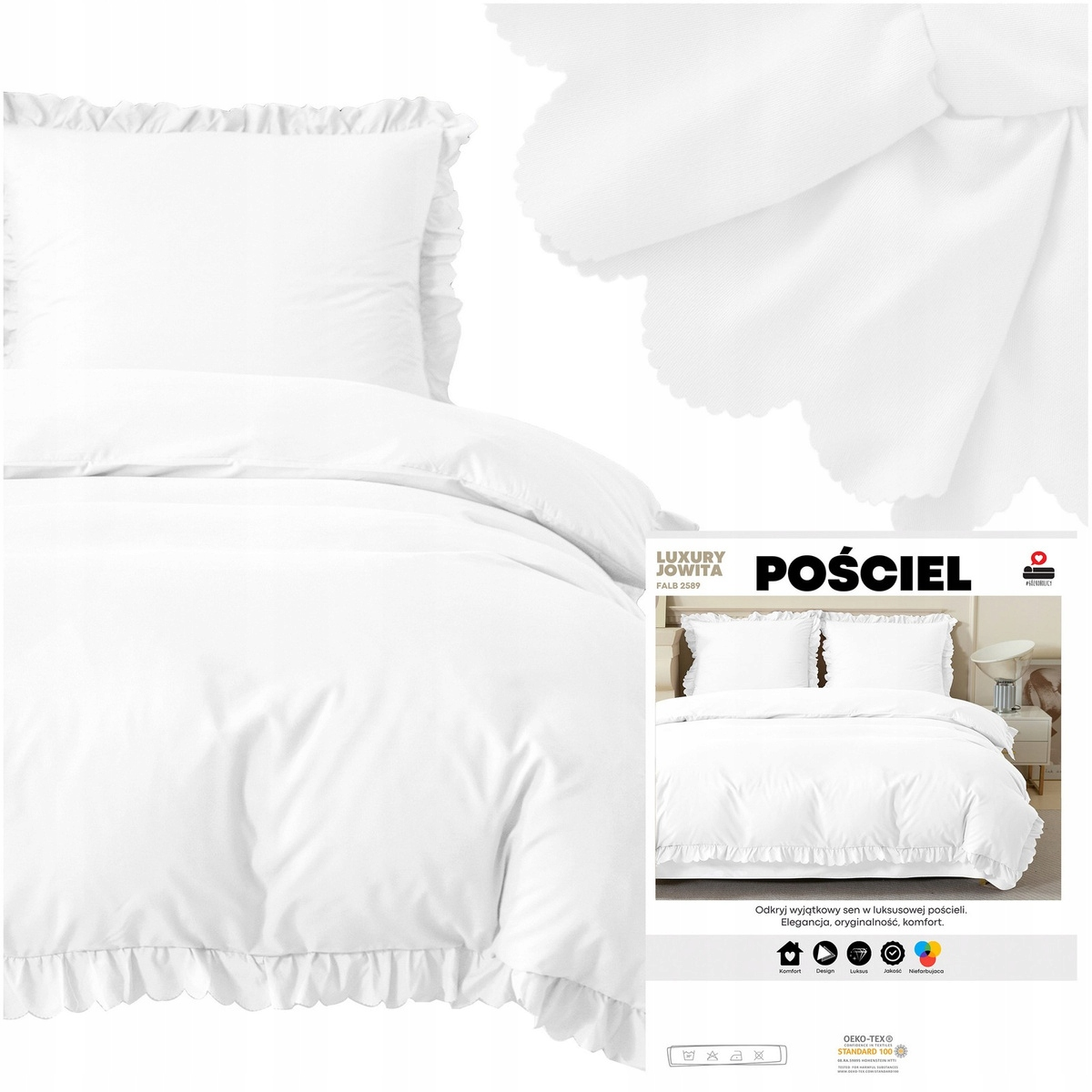 POŚCIEL 220x200 3cz jednolita z FALBANKĄ Luxury Jowita komplet BIAŁA