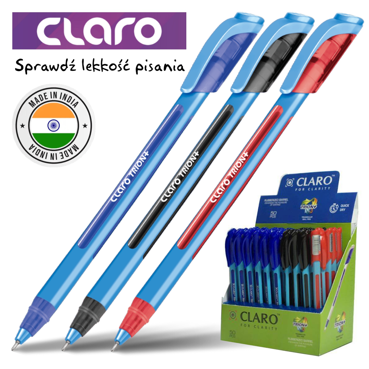 Długopis CLARO TRION plus MIX KOLOR (niebieskie 30, czarne 15, czerwone 5) 0,7 mm Opakowanie = 50 szt. w standzie, elastyczne body