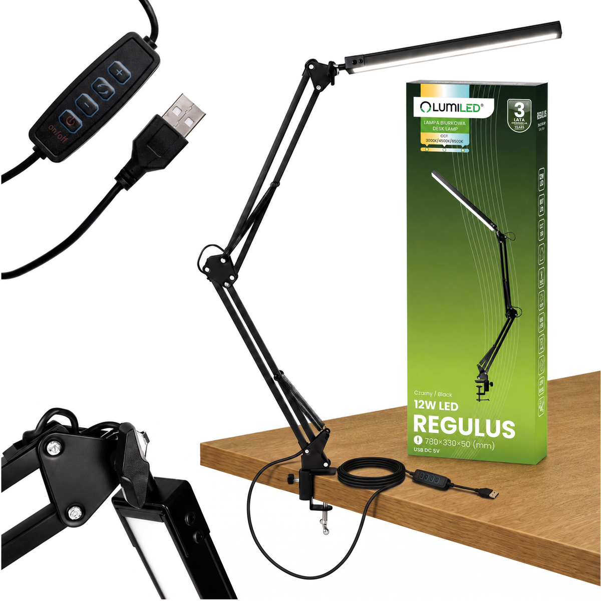 Lampa Biurkowa LED REGULUS Stołowa 12W 400lm Czarna LUMILED + Uchwyt na Blat