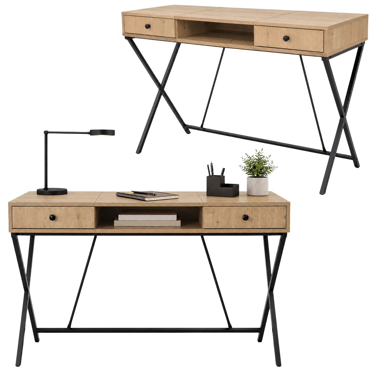 Minimalistyczne Biurko Komputerowe 120 Cm Z Szufladami I Wnęką Dąb Artisan