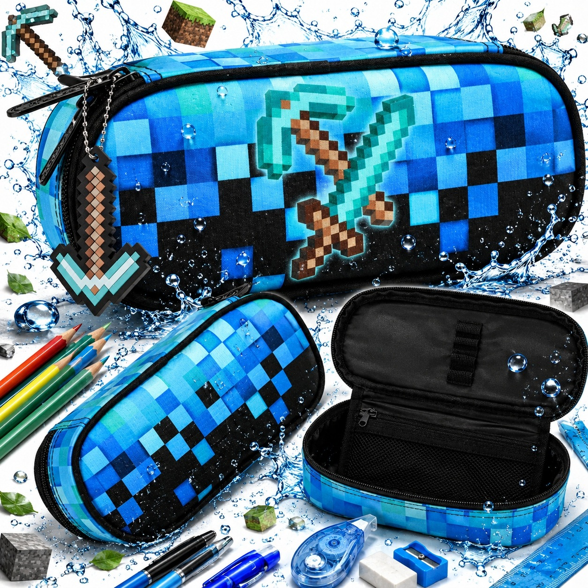 PIÓRNIK SZKOLNY SASZETKA USZTYWNIANA PIXEL BLUE 23 CM LEKKI CHŁOPIEC