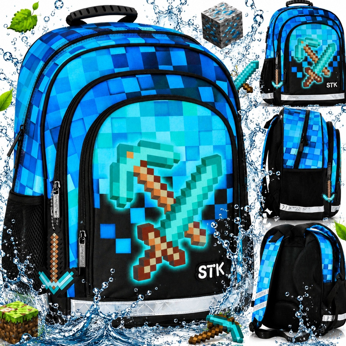 PLECAK SZKOLNY CHŁOPIĘCY PIKSELE PIXEL BLUE WODOODPORNY A4 600D