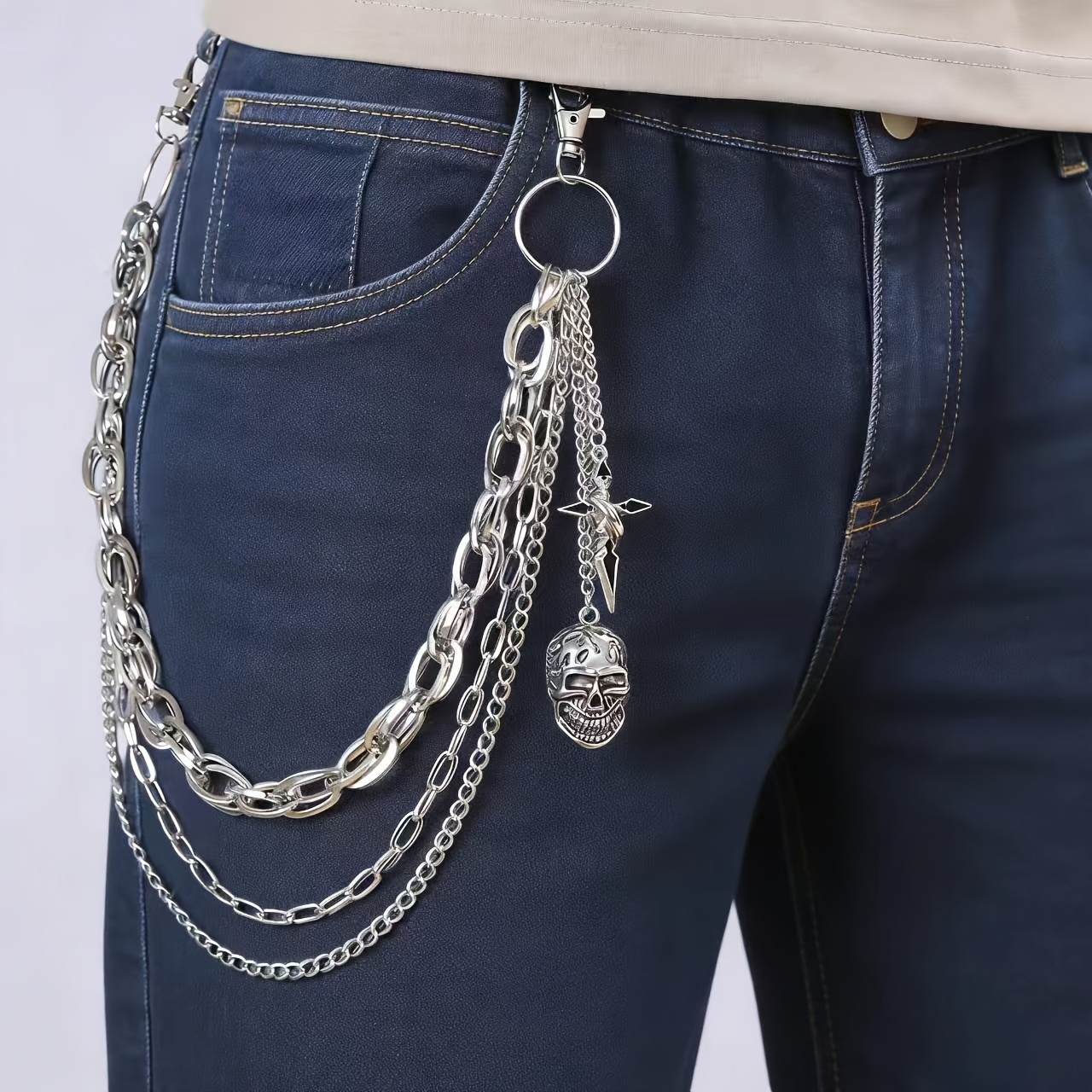 TEMU Męski Pas Łańcuch Czaszka Łańcuch Y2K Punk Gotycki Unisex Streetwear Dodatki do Jeansów