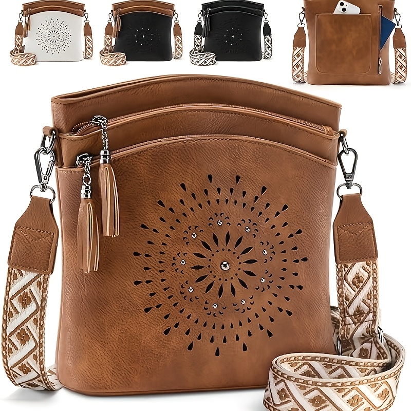 TEMU Torba crossbody w stylu bohemy, średniej wielkości, z pustym, rzeźbionym wzorem i etnicznym szerokim paskiem na ramię, do codziennego zakupów i