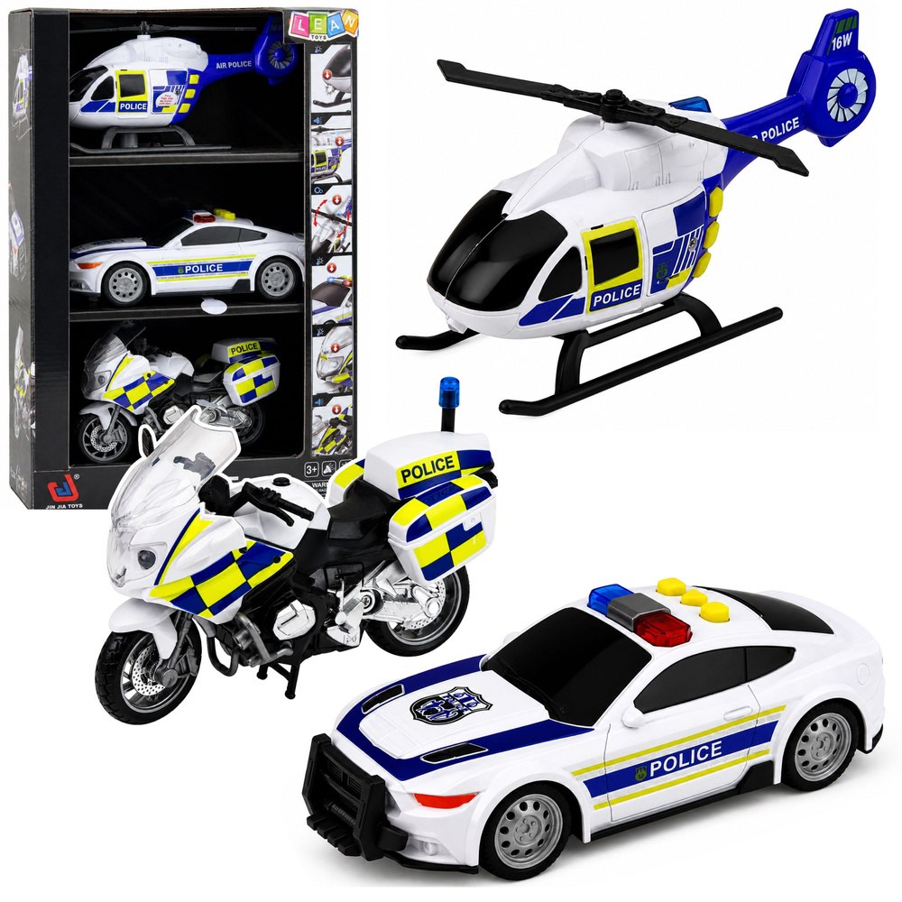 Zestaw Policyjny Helikopter Motocykl Radiowóz Światła Dźwięki 1:32