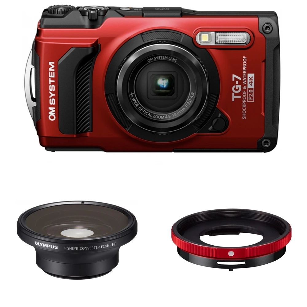 OM System TOUGH TG-7+CLA-T01 Adapter+FCON-T01 Converter czerwony