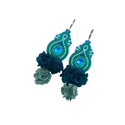 Kolczyki sutasz boho z kwiatami turkusowo zielone eleganckie Arcadia