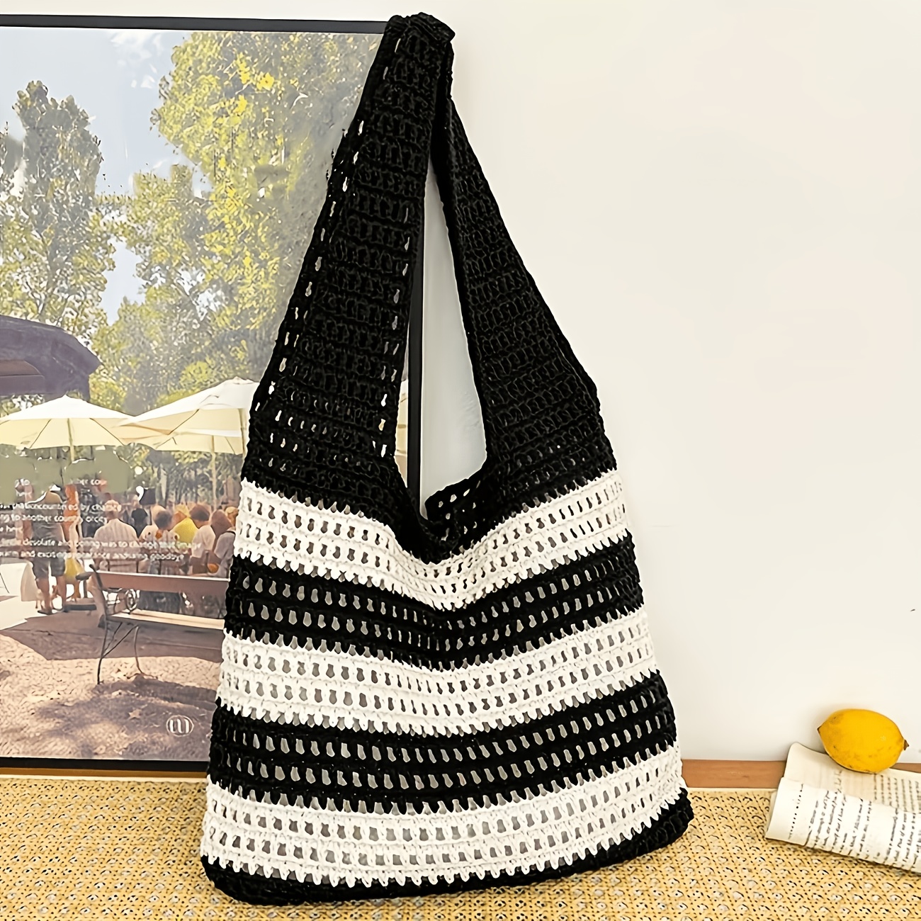 TEMU 1 szt. Damska szydełkowa torebka, dzianinowa torba typu tote, torba plażowa, letnia damska vintage torba na wakacje w stylu ręcznie tkanej