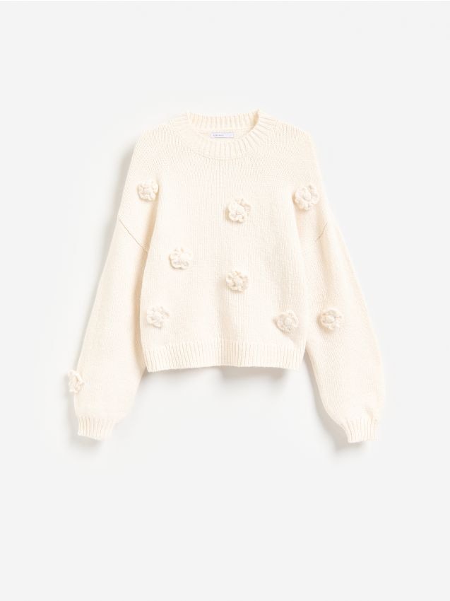 Reserved - Sweter z kwiatową aplikacją - kremowy