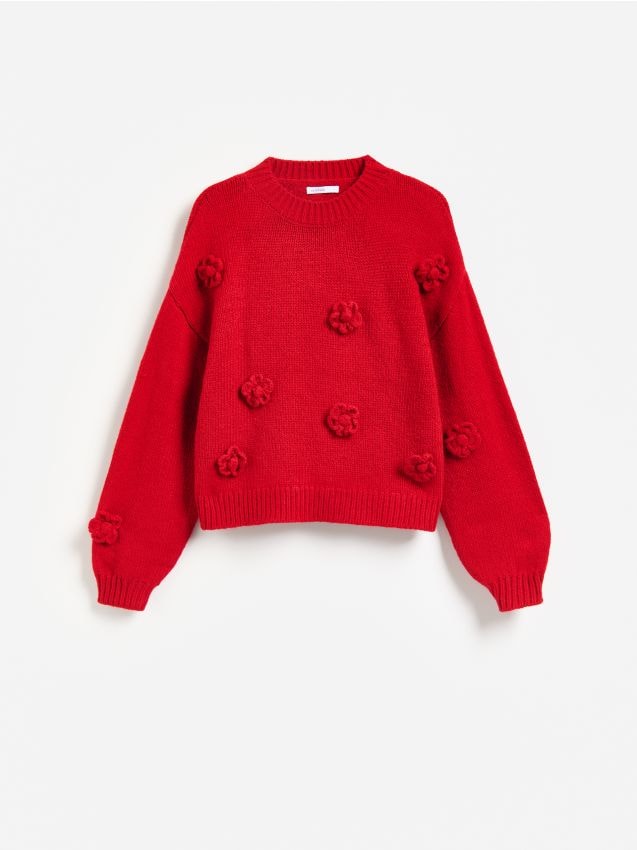 Reserved - Sweter z kwiatową aplikacją - czerwony