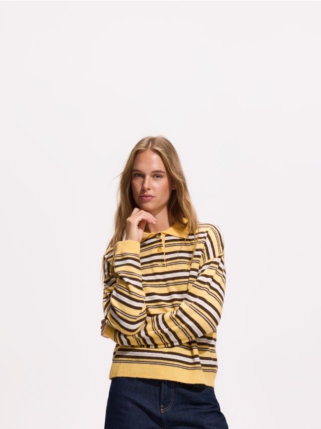 Reserved - Sweter polo w paski - wielobarwny