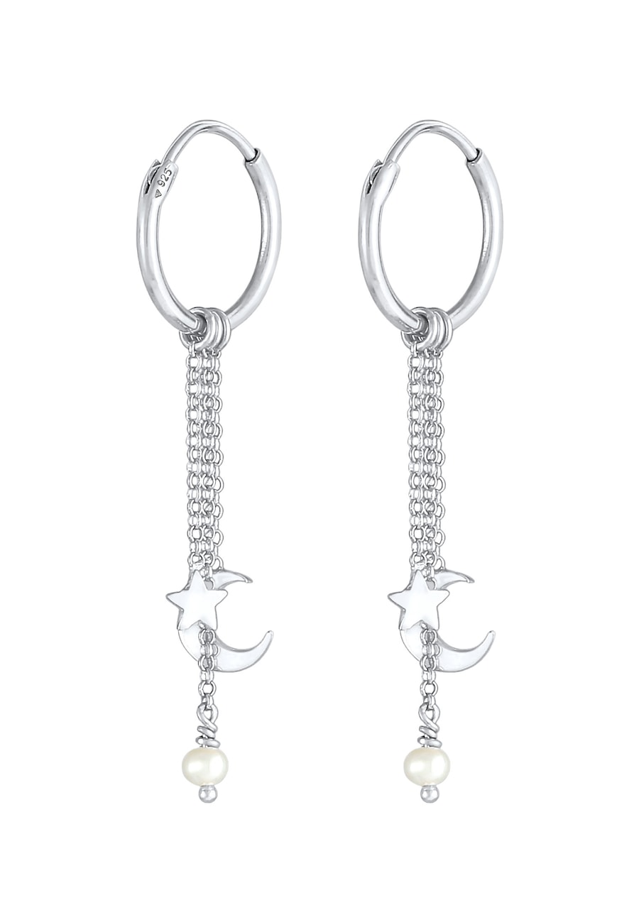 Elli Damskie kreole Star Moon Astro Trend Blogger z perłą hodowlana słodkowodną w srebrze 925 Sterling Silver Kolczyki 1 ct