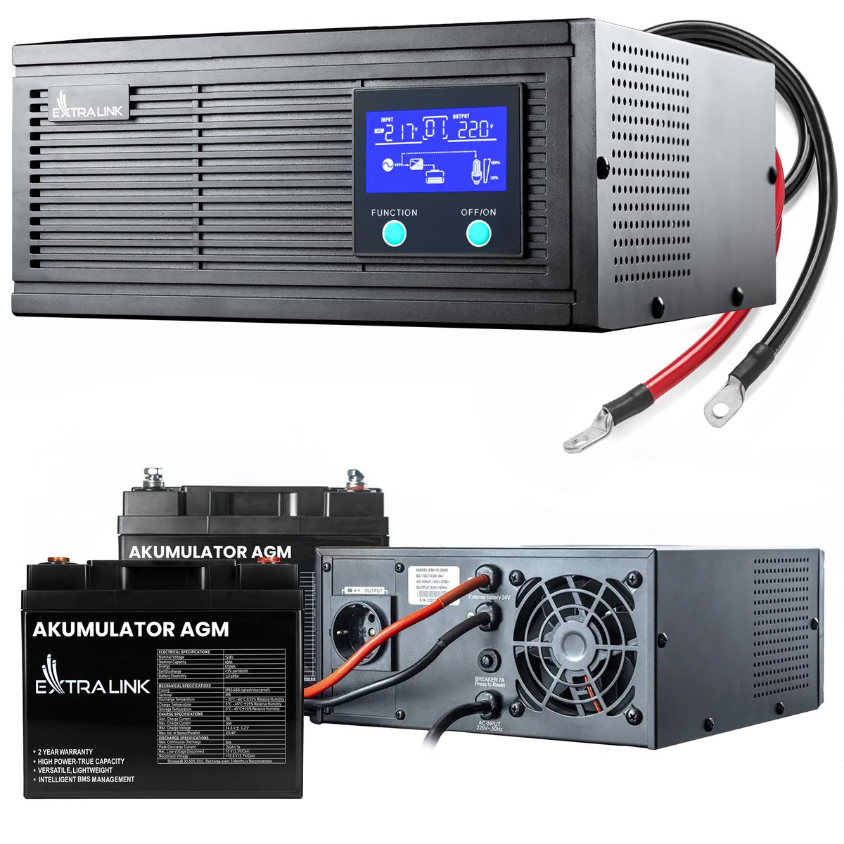 Zestaw Extralink Piorun 3000VA/2100W Inwerter + 2x Extralink AGM 12V 100Ah Akumulator Zasilacz awaryjny Czysta sinusoida, napięcie akumulatora 12VDC + bezobsługowy EX.36365