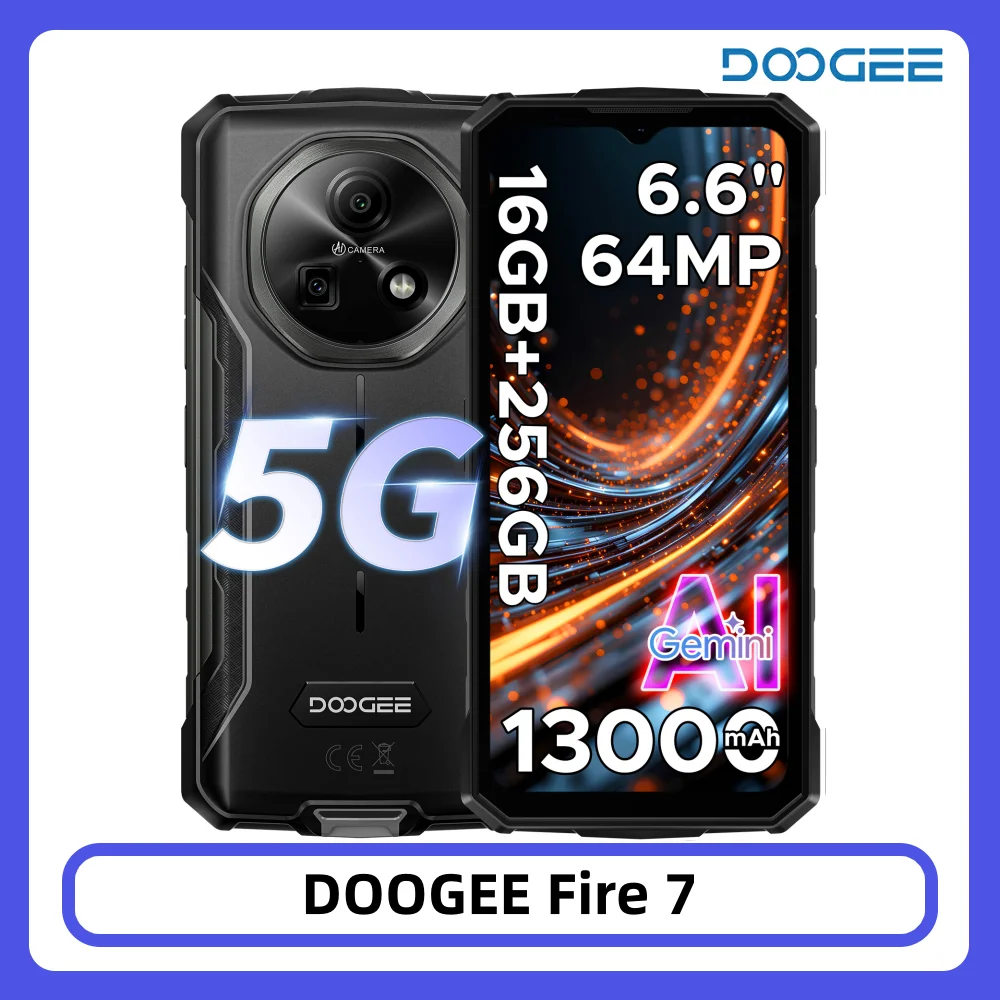 DOOGEE Fire 7 5G Wytrzymały telefon komórkowy 16GB RAM+256GB ROM Bateria 13000mAh Procesor Dimensity 6300 Gemini AI Aparat 64MP NFC Android 15 Smartfon 6GB 128GB Orange