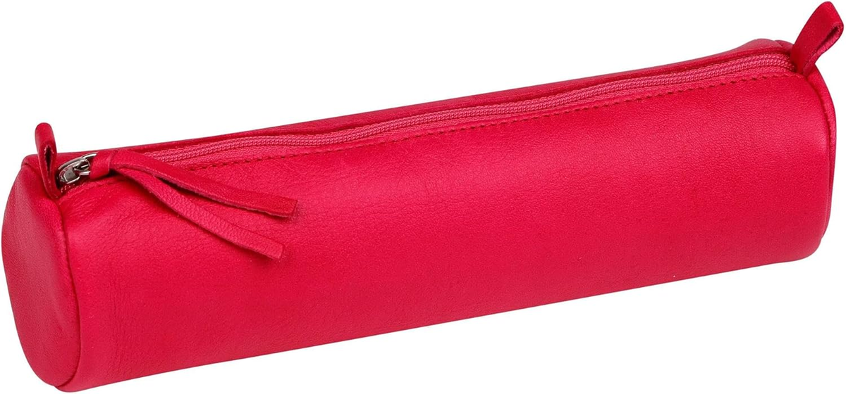 Skórzany piórnik okrągły 22 cm malinowy zamek błyskawiczny