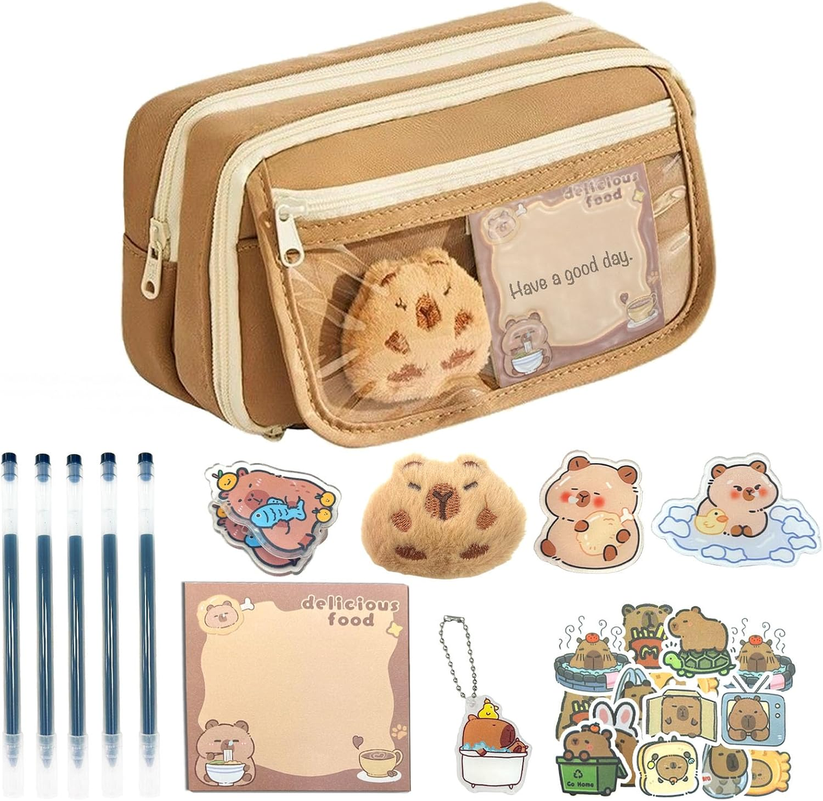 Piórnik z Capybara 8PCS zestaw papeterii, pojemny dla dzieci