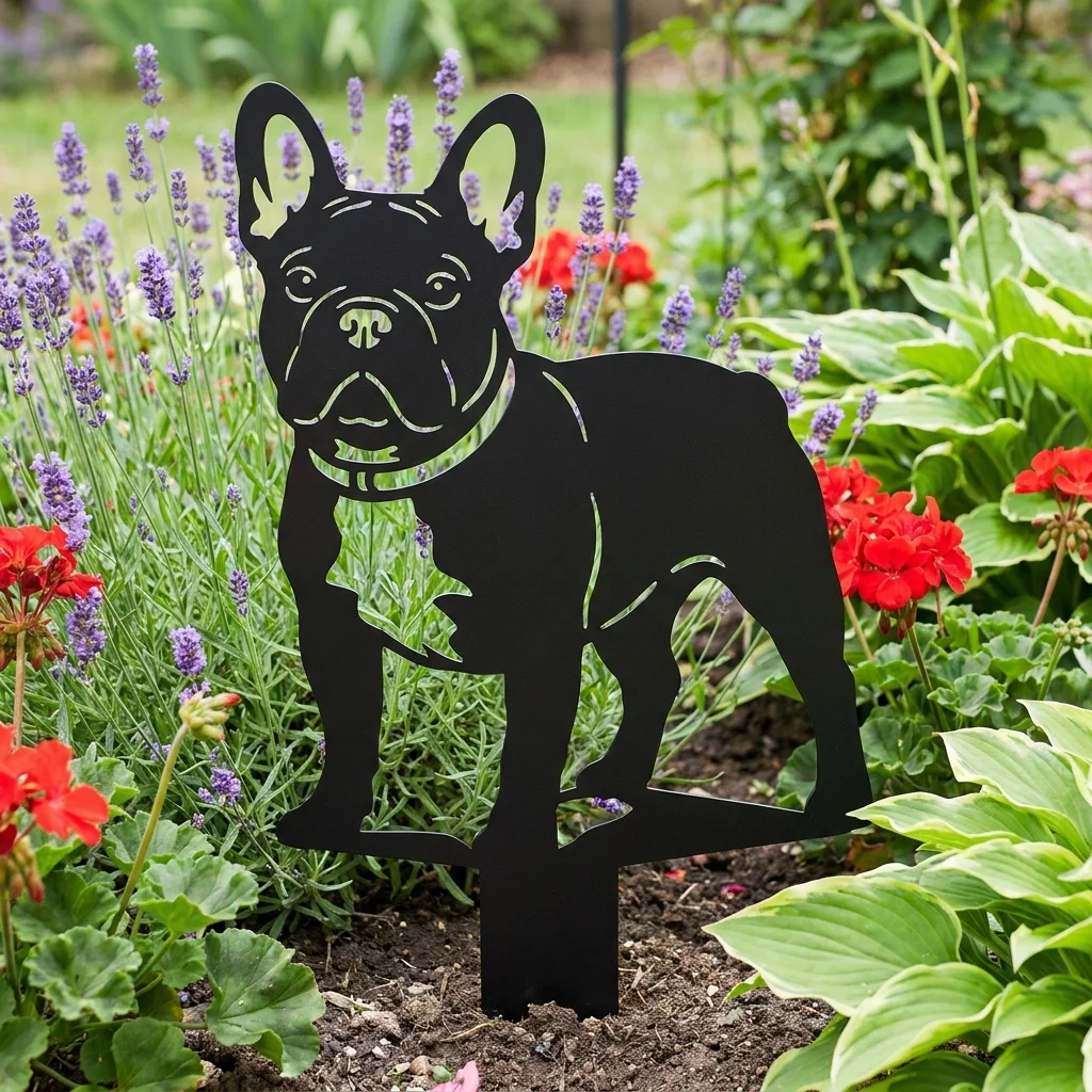 Buldog francuski v2 – metalowa dekoracja ogrodowa