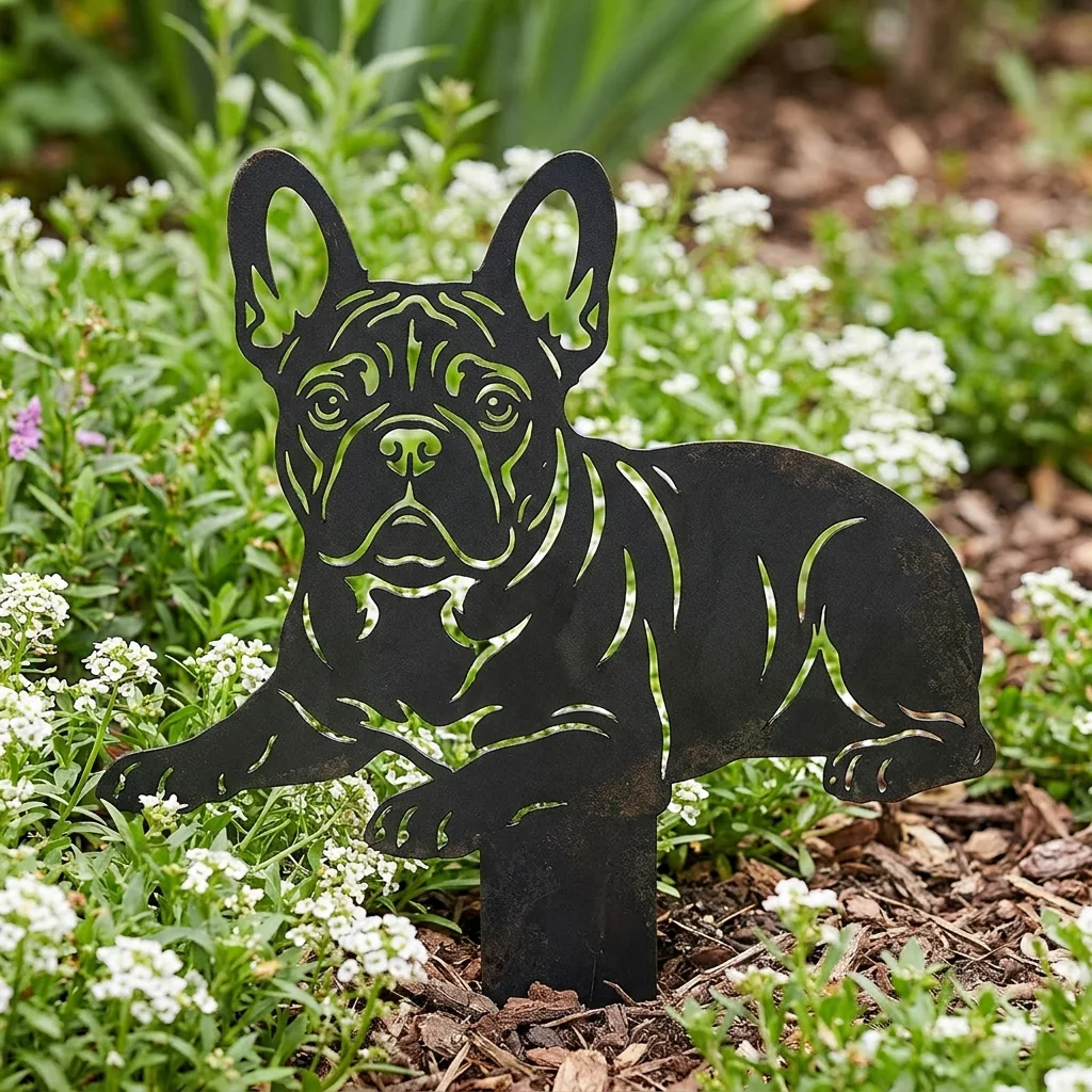 Buldog francuski – metalowa dekoracja ogrodowa