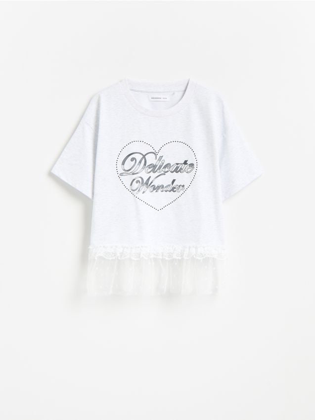 Reserved - T-shirt z koronkowym wykończeniem - jasnoszary