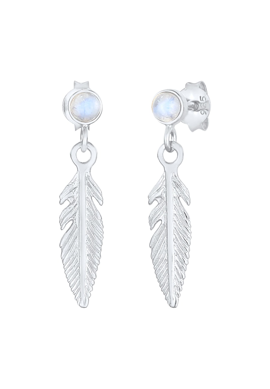 Elli Kolczyki damskie pióra Boho hippie z kamieniem księżycowym w srebrze próby 925 Sterling Silver 1 ct Damski