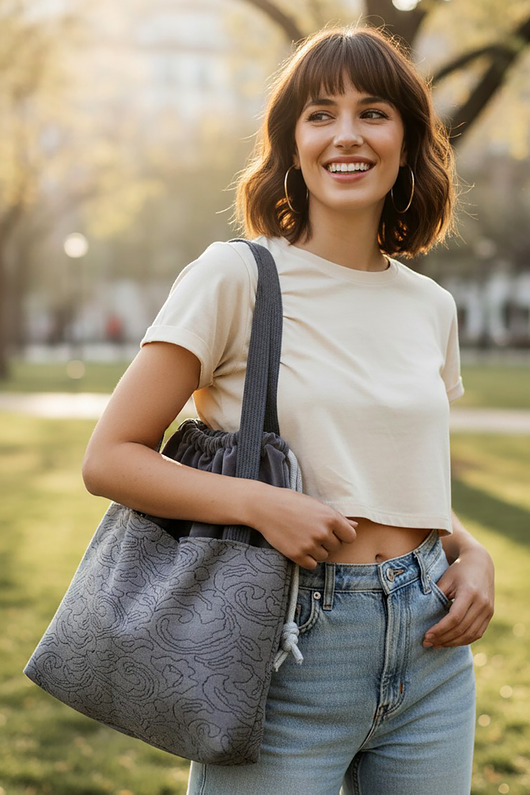 Duża torba shopper unikatowa torba handmade z kieszeniami
