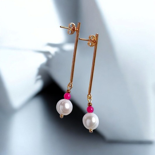Kolczyki FUCHSIA & PEARL collection: perła i agat : długie sztyfty