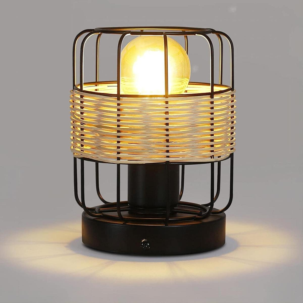NETTLIFE lampa stołowa vintage: mała boho czarna lampa do salonu z rattanu metal E27 lampa biurkowa w stylu skandynawskim country deco
