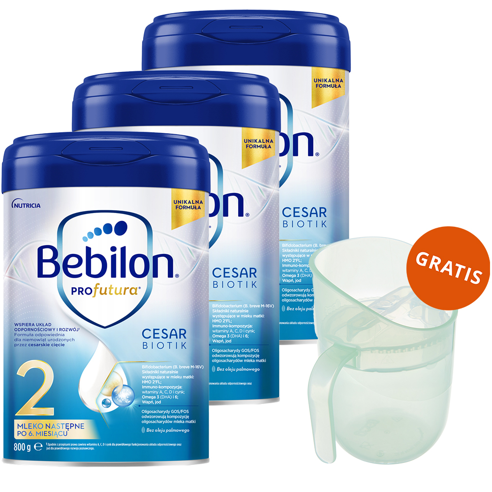 Zestaw Bebilon Profutura CesarBiotik 2, mleko następne, po 6 miesiącu, 3 x 800 g + Lovi, kubek treningowy Genius, pistachio, 35/368, od 6 miesiąca, 150 ml gratis