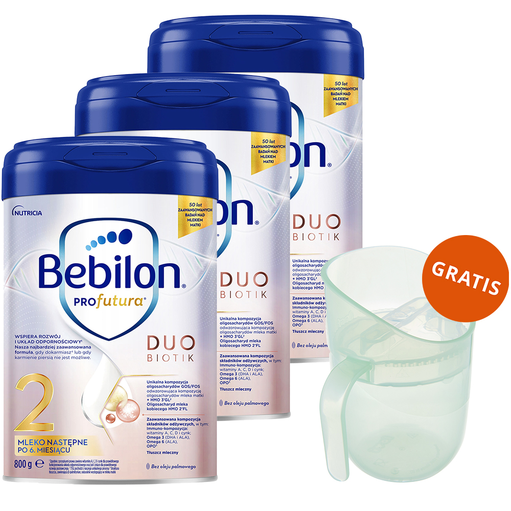 Zestaw Bebilon Profutura DuoBiotik 2, mleko następne, po 6 miesiącu, 3 x 800 g + Lovi, kubek treningowy Genius, pistachio, 35/368, od 6 miesiąca, 150 ml gratis