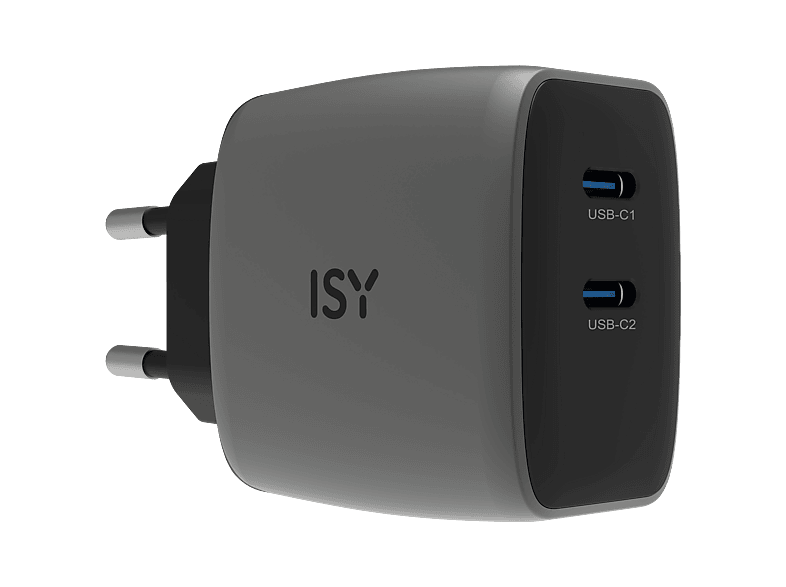 Ładowarka sieciowa ISY IAC-7045 2x USB-C GaN PD 45W Szara